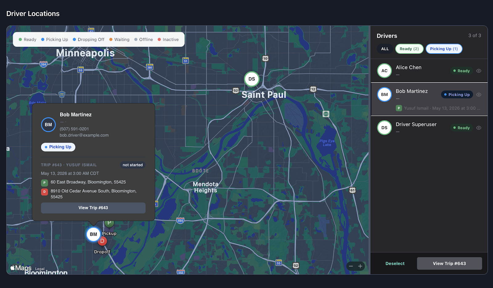 Live fleet map showing all driver locations