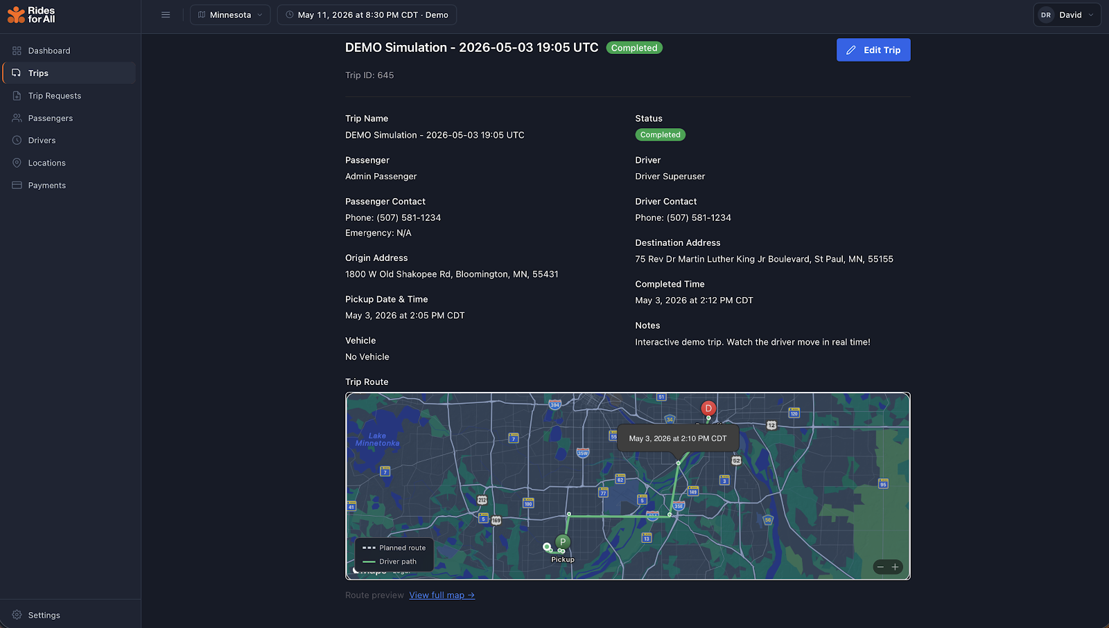 Trip details with map and route pins